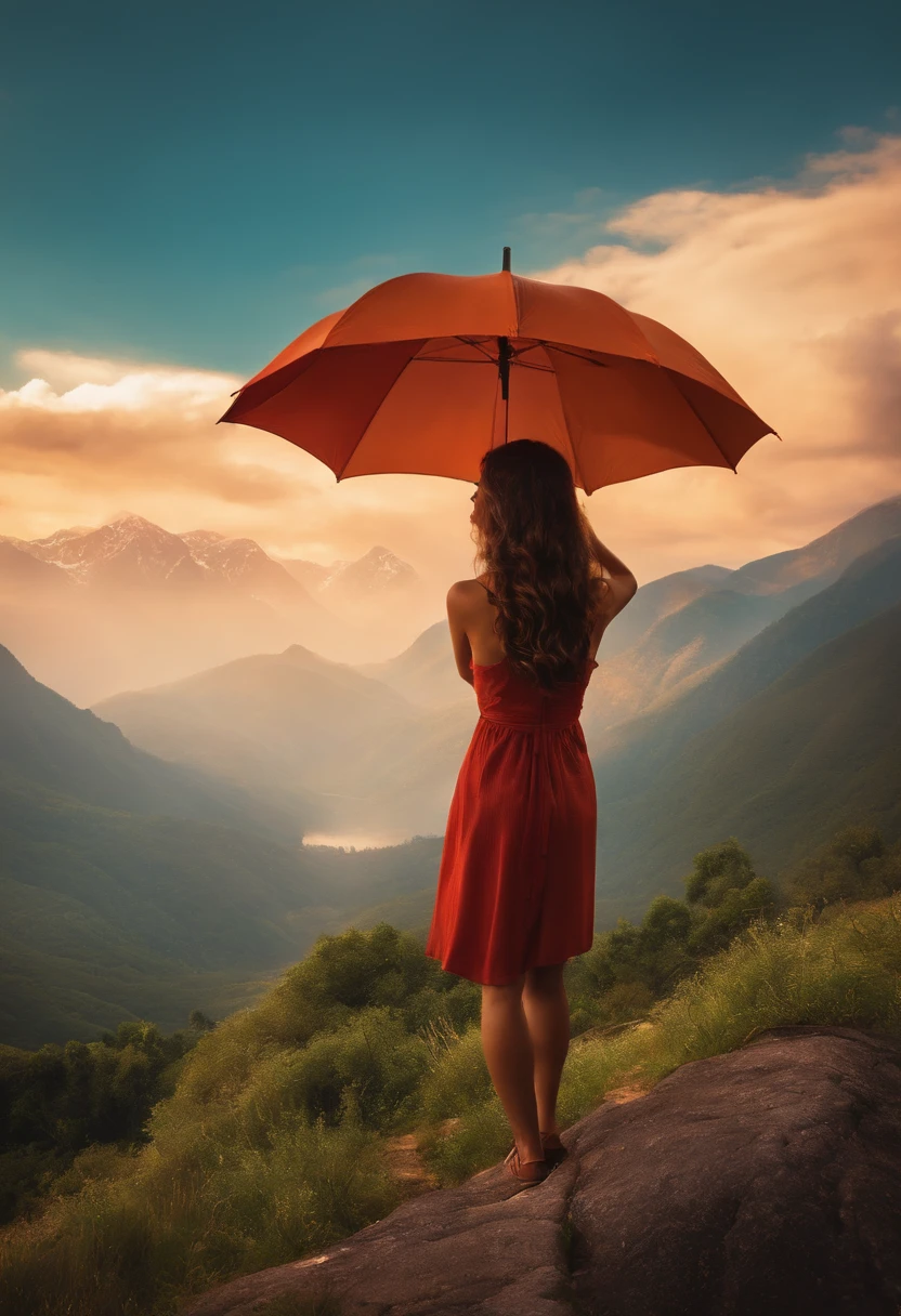 Realistic landscape, with a girl under an umbrella, Against the backdrop of the mountains, Girl with a smile