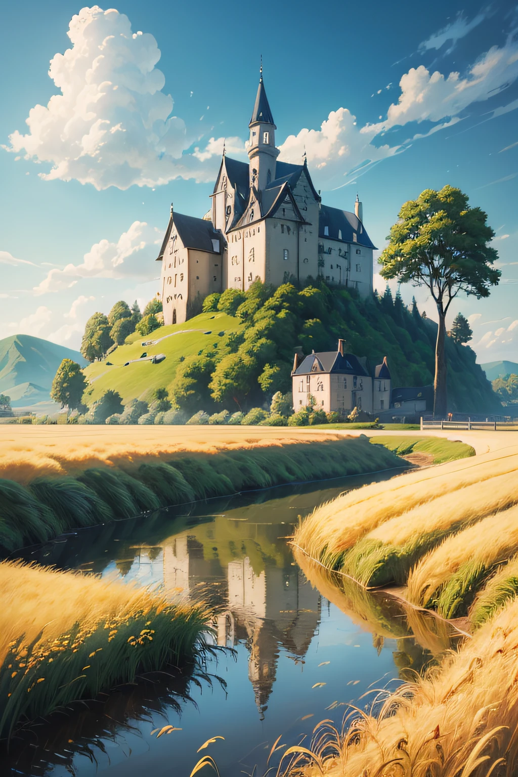 (((Best Quality))), high saturation, clear, reasonable structure, cartoon style, architecture, bridge, construction, castle, chimney, cloud, cloudy_sky, day, fantasy, door, grass, house, mountain, no_humans, outdoor, river, landscape, sky, sunset, tree, window, real, beautiful and amazing landscape oil painting Ghibli Studio Miyazaki's wheat field with blue sky and white clouds, wheat field, wheat --v6