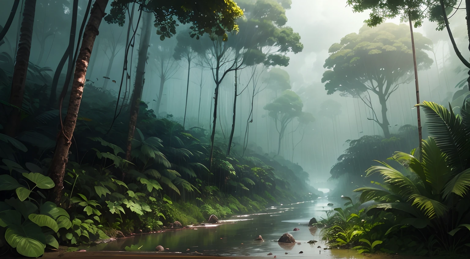 noite com tempestade, Cloudy sky and heavy rain in a rainforest, Wet vegetation