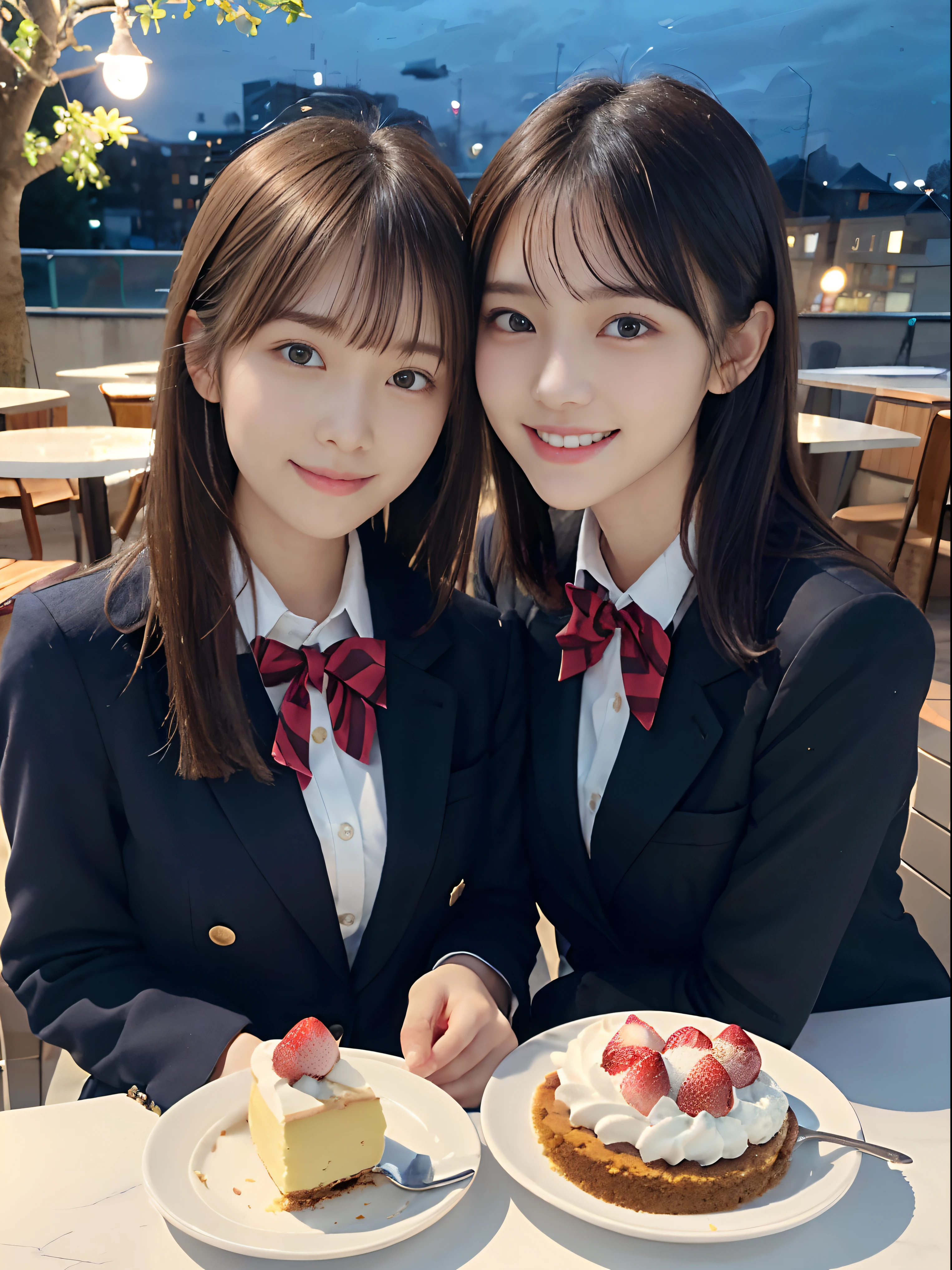 (Close up portrait of two girls with slender small breasts, Girl with long hair with dull bangs in winter blazer school uniform, Another girl with short hair in a winter blazer school uniform:1.5)、(Two girls eating cheesecakes with smiles on café terrace:1.5)、(Cafe at night :1.5)、(Perfect Anatomy:1.3)、(complete hands:1.3)、(complete fingers:1.3)、Photorealsitic、Raw photography、masutepiece、top-quality、hight resolution、delicate and pretty、face perfect、Beautiful detailed eyes、Fair skin、Real Human Skin、((thin legs))、(Dark hair)