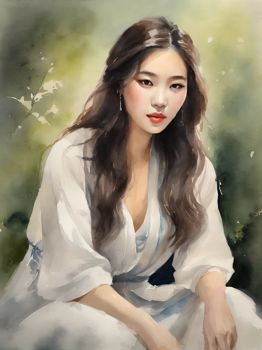 Watercolor painting of a Very Beautiful Korean girl : : Trending on Artstation: : Simple composition creates a sense of order and harmony. The painting reflects the spiritual qualities of the natural world. --up light --ar 9:16