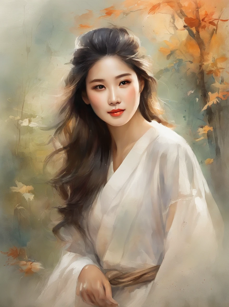Watercolor painting of a Very Beautiful Korean girl : : Trending on Artstation: : Simple composition creates a sense of order and harmony. The painting reflects the spiritual qualities of the natural world. --up light --ar 9:16