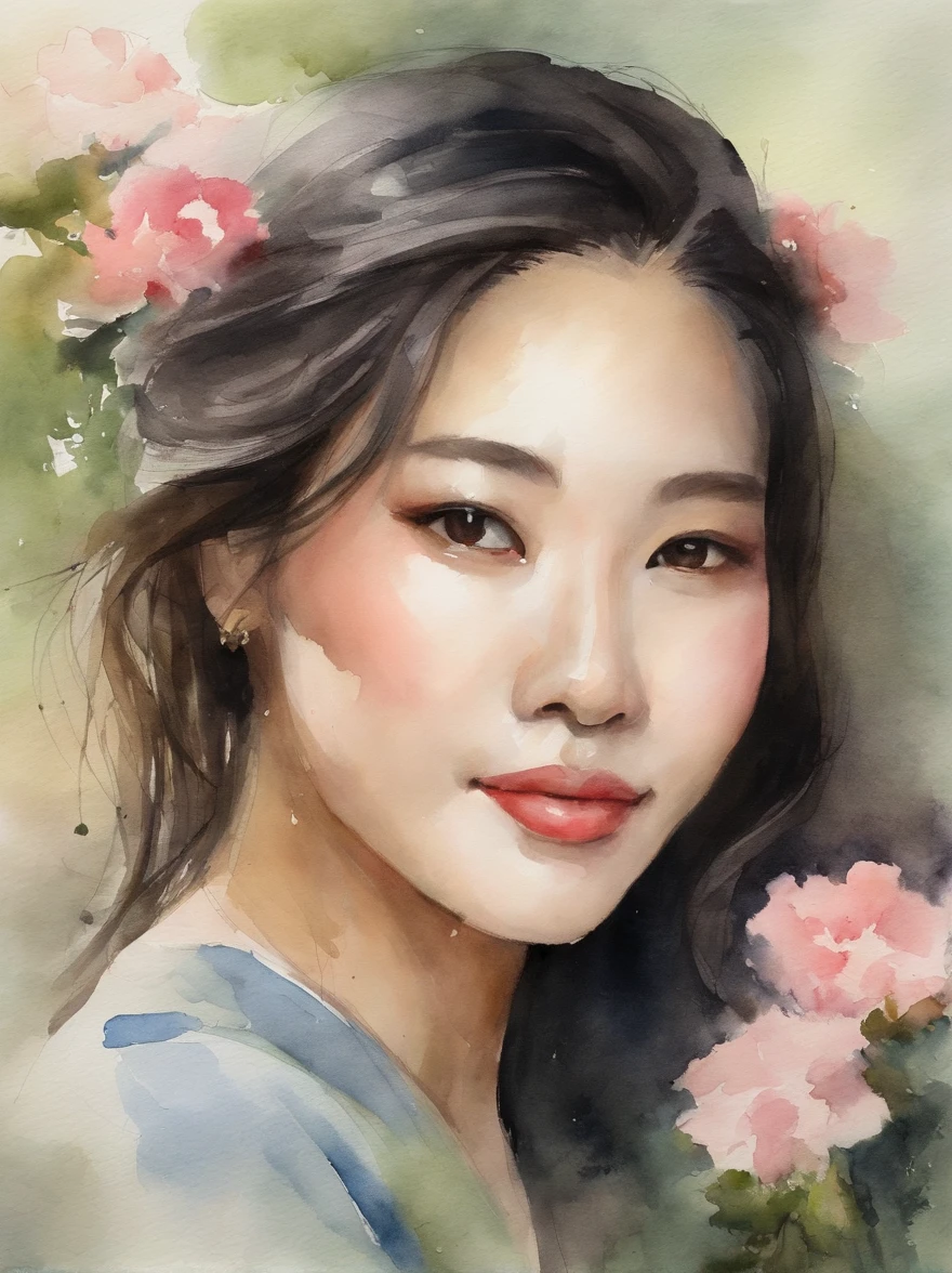 Watercolor painting of a Very Beautiful Korean girl : : Trending on Artstation: : Simple composition creates a sense of order and harmony. The painting reflects the spiritual qualities of the natural world. --up light --ar 9:16