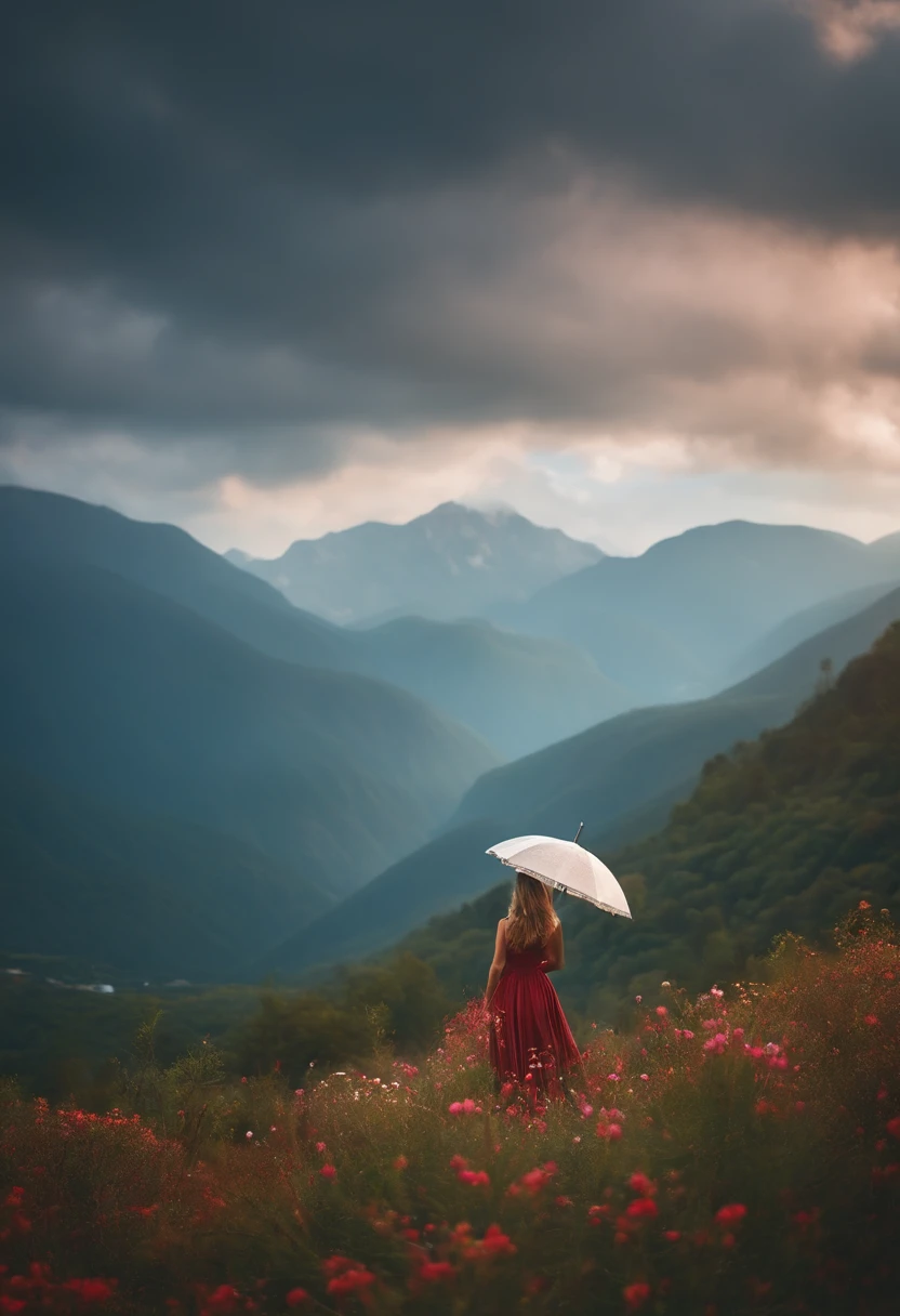 Realistic landscape, With a girl under an umbrella, Against the backdrop of the mountains, Girl with a smile