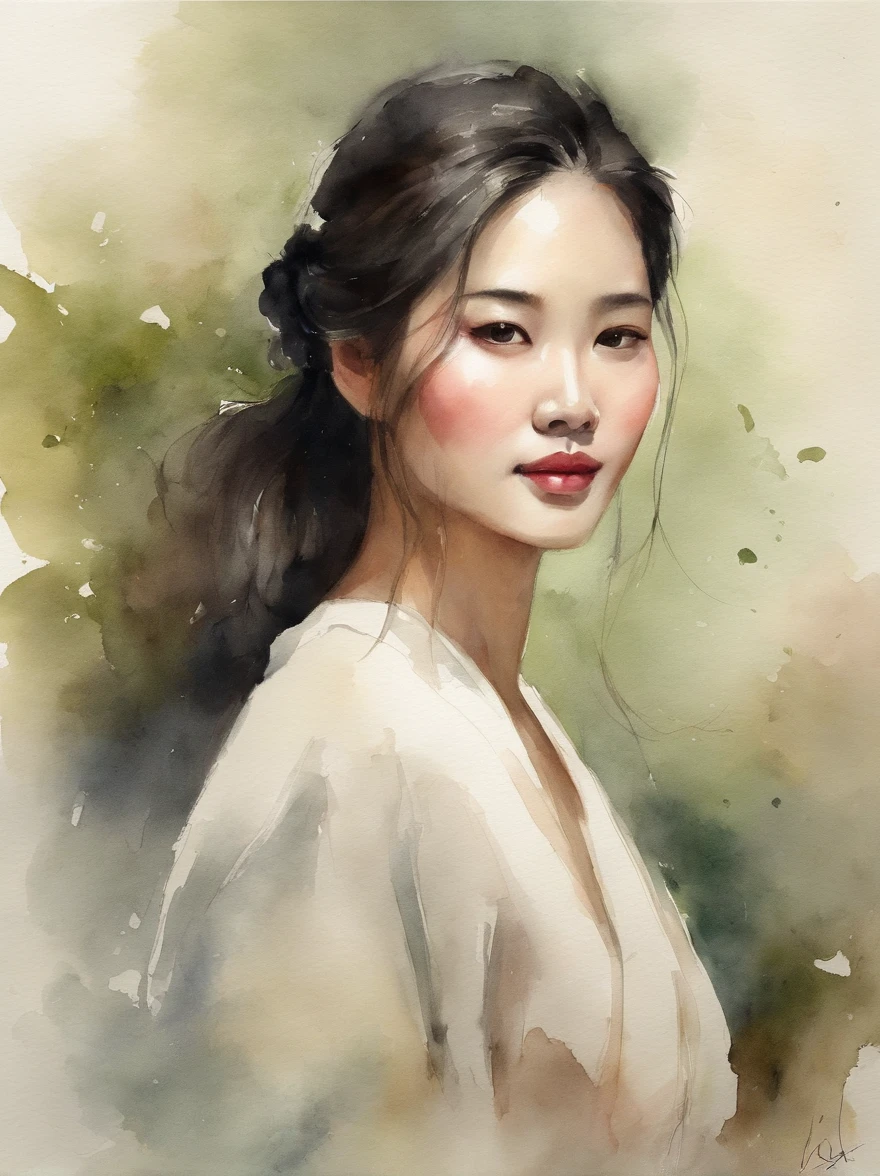 Watercolor painting of a Very Beautiful Korean girl : : Trending on Artstation: : Simple composition creates a sense of order and harmony. The painting reflects the spiritual qualities of the natural world. --up light --ar 9:16