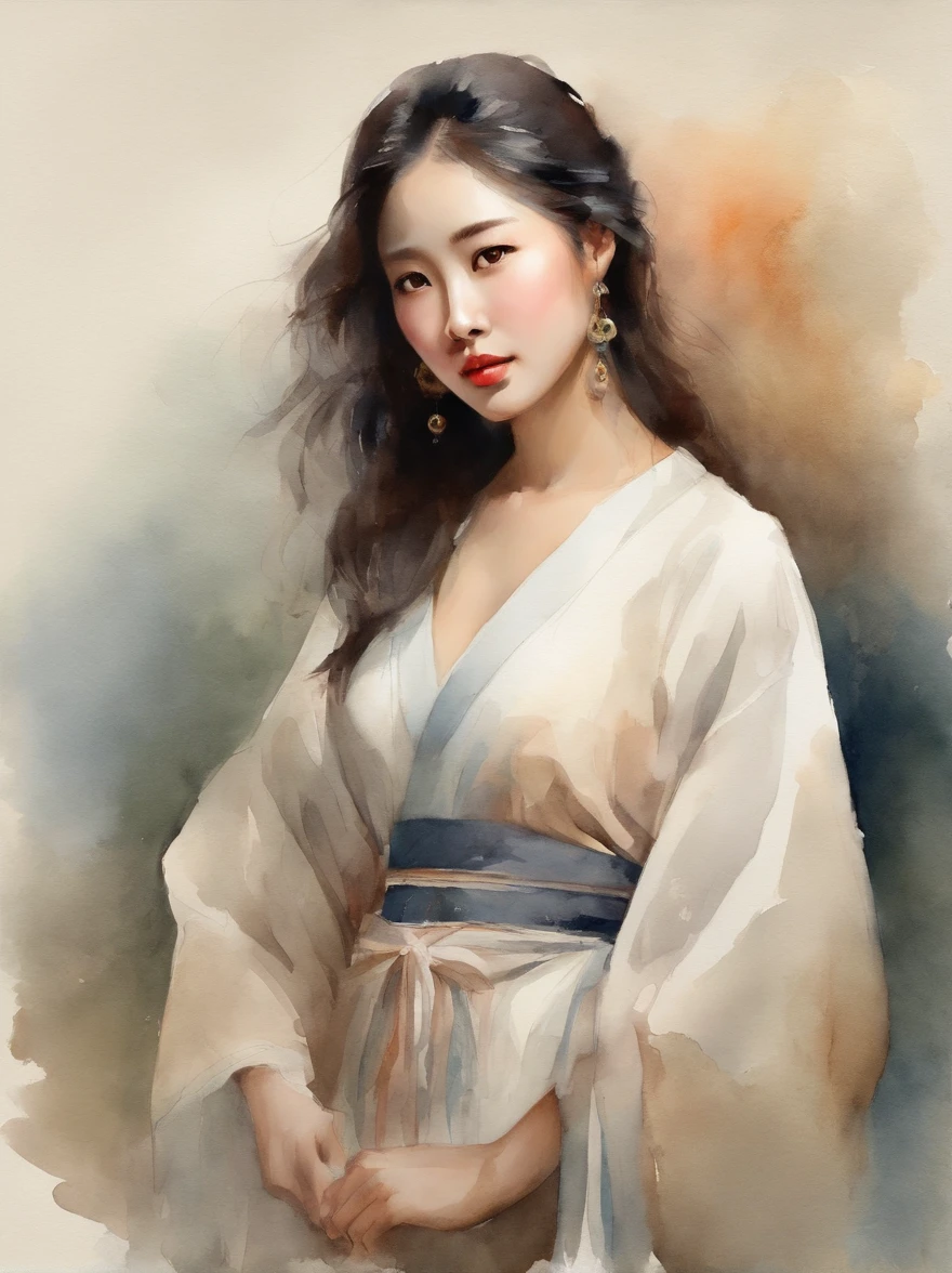 Watercolor painting of a Very Beautiful Korean girl : : Trending on Artstation: : Simple composition creates a sense of order and harmony. The painting reflects the spiritual qualities of the natural world. --up light --ar 9:16