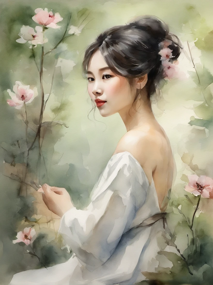 Watercolor painting of a Very Beautiful Korean girl : : Trending on Artstation: : Simple composition creates a sense of order and harmony. The painting reflects the spiritual qualities of the natural world. --up light --ar 9:16