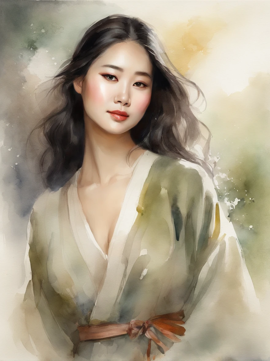 Watercolor painting of a Very Beautiful Korean girl : : Trending on Artstation: : Simple composition creates a sense of order and harmony. The painting reflects the spiritual qualities of the natural world. --up light --ar 9:16