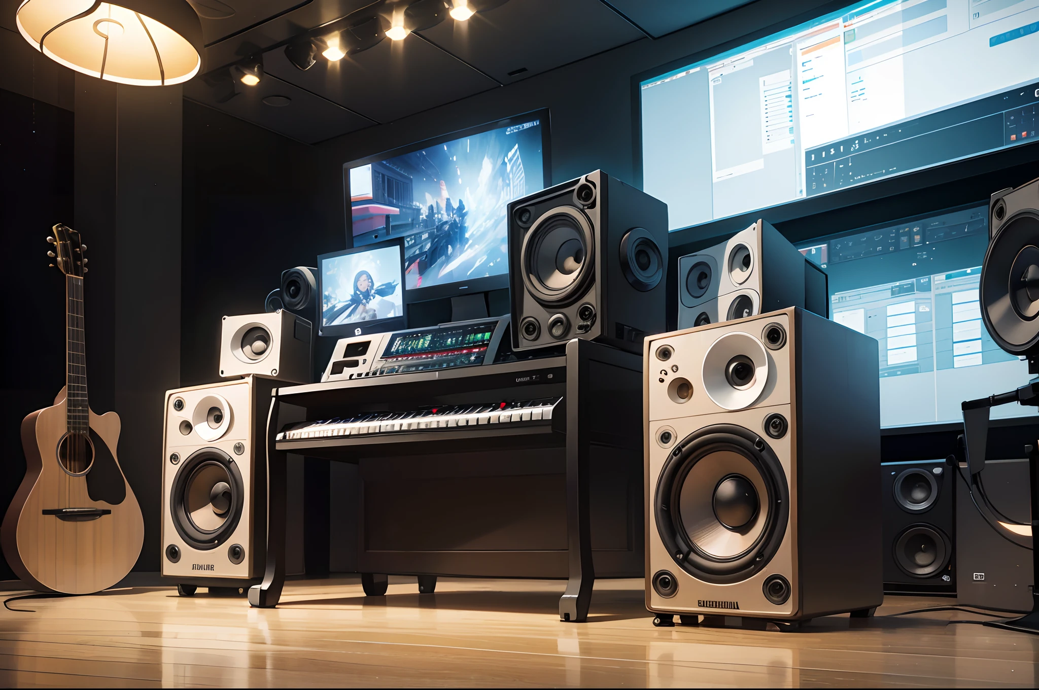masterpiece, award winning, super detail, high quality, 3D render, comical, Deformed, recording studio, speaker, mixing console