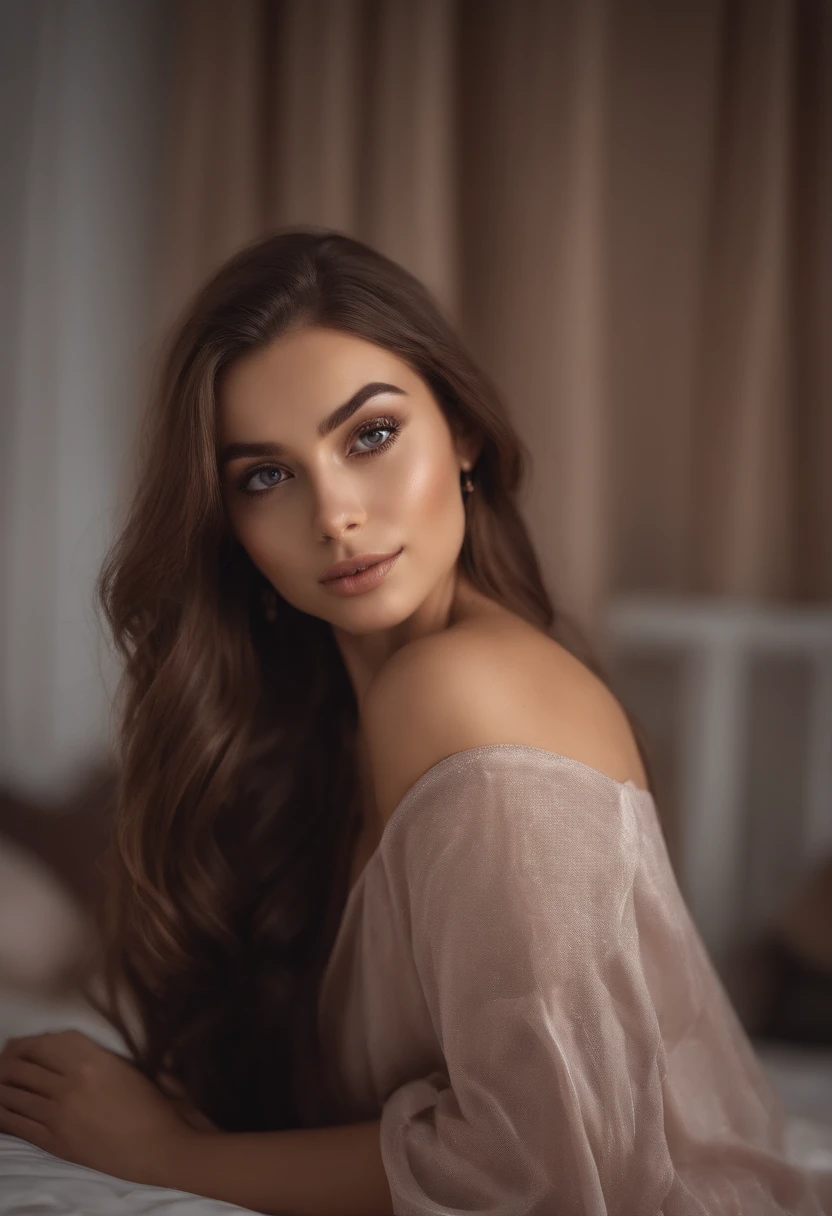 arafed woman fully , sexy girl with brown eyes, ultra realistic, meticulously detailed, portrait sophie mudd, brown hair and large eyes, selfie of a young woman, dubai eyes, violet myers, without makeup, natural makeup, looking directly at the camera, face with artgram, subtle makeup, stunning full body shot kneeling on bed, in bedroom, medium to large size bust