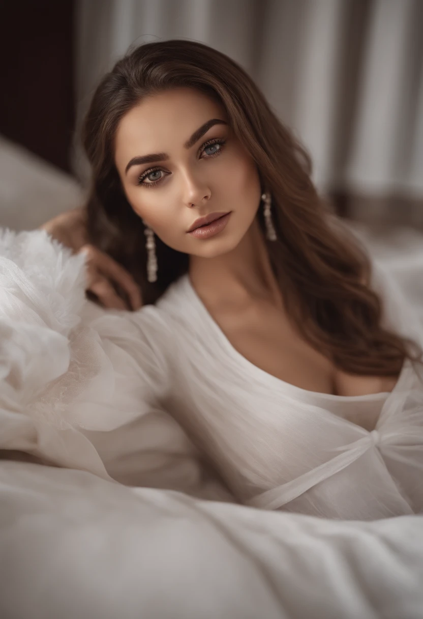 arafed woman fully , sexy girl with brown eyes, ultra realistic, meticulously detailed, portrait sophie mudd, brown hair and large eyes, selfie of a young woman, dubai eyes, violet myers, without makeup, natural makeup, looking directly at the camera, face with artgram, subtle makeup, stunning full body shot kneeling on bed, in bedroom, medium to large size bust