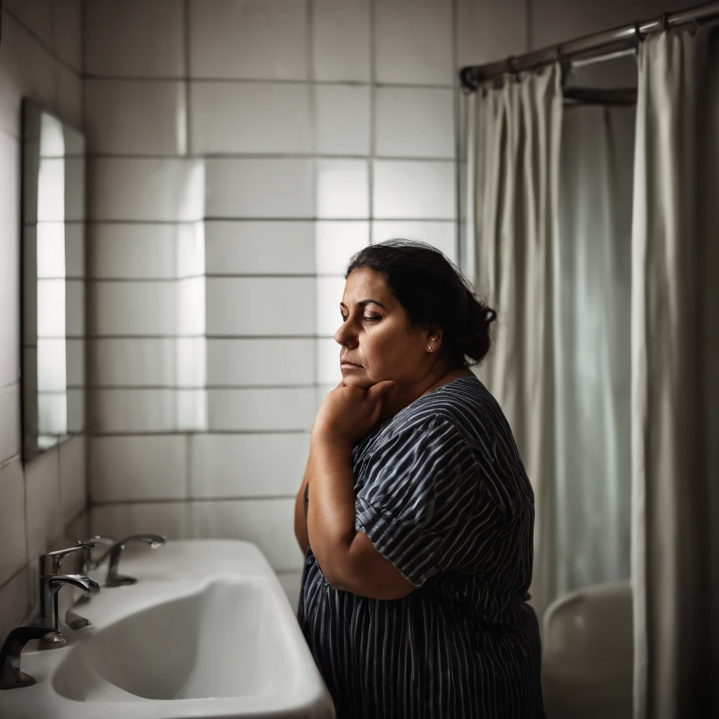 obese latina homeless ugly depressed woman, 40 years old, wearing an old pyjamas not showing her chests, mussed hair, no makeup, no earring, very aging skin, head down, looking down, in front of the mirror, bathroom, with her hands over her huge belly. rule of thirds, high quality background, ultra detailed professional scenery, ultra sharp focus, poverty, dark and gloomy scenery at night, professional background 8K