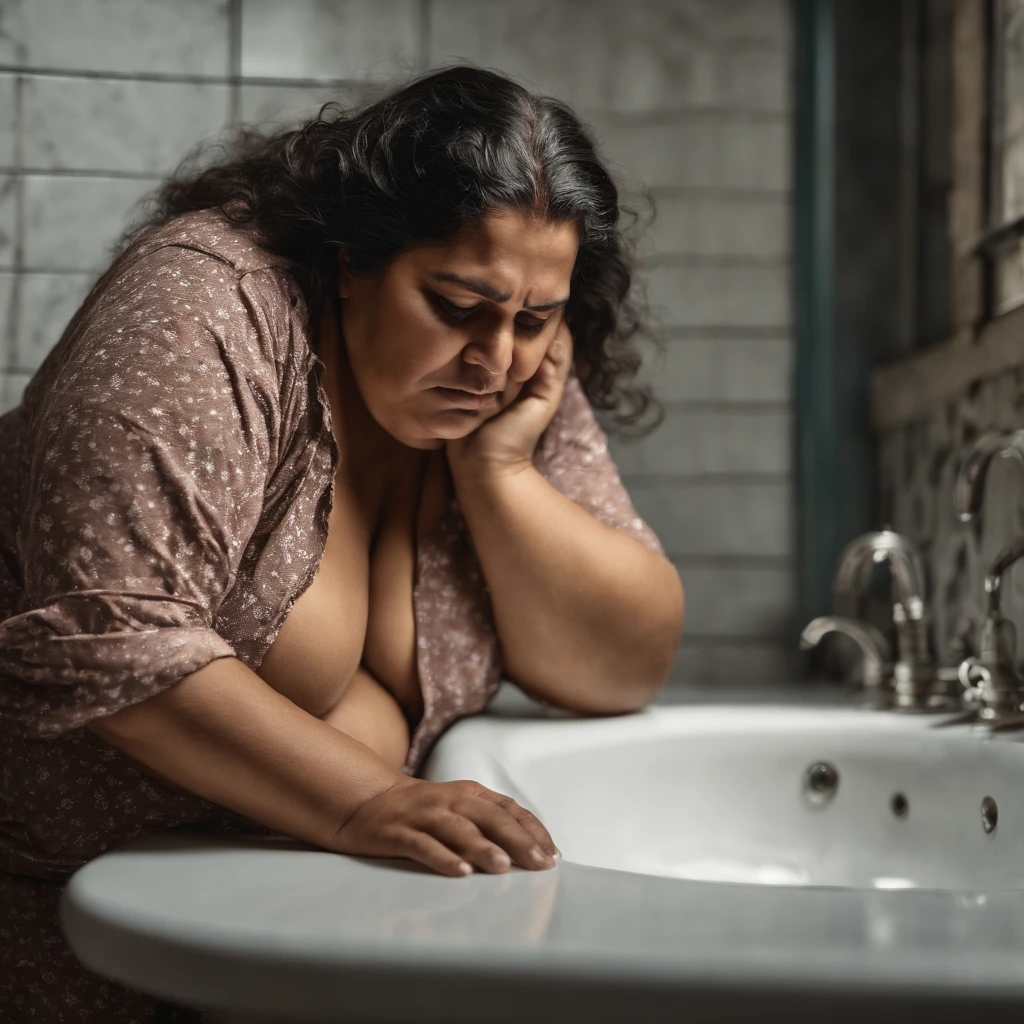 obese latina homeless ugly depressed woman, 40 years old, wearing an old pyjamas not showing her chests, mussed hair, no makeup, no earring, very aging skin, head down, looking down, in front of the mirror, bathroom, with her hands over her huge belly. rule of thirds, high quality background, ultra detailed professional scenery, ultra sharp focus, poverty, dark and gloomy scenery at night, professional background 8K