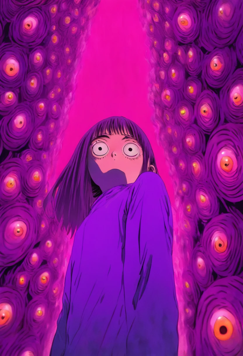 MASTERPIECE a woman in a red shirt standing inside of a purple hole, junji ito's uzumaki, junji ito artwork, subtle junji ito, ito junji art, in style of junji ito, art style of junji ito, junji ito style, vertigo comic, style of satoshi kon, junji ito undertones, by Junji Ito