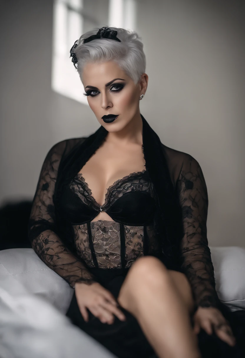 Ursula Corbero, Gothic style, maquillaje de ojos negro, labios negros, in black lingerie with stockings and garter, tetas grandes, in a modern and brightly lit white room, cuerpo delgado y sensual, ojos bonitos, cuerpo tatuado, gafas redondas negras, poca ropa, en tanga de hilo, skull tattoo, very gothic, sado, dominadora, latigo, desnuda, White short hair, lace and latex clothes, doggy style pose