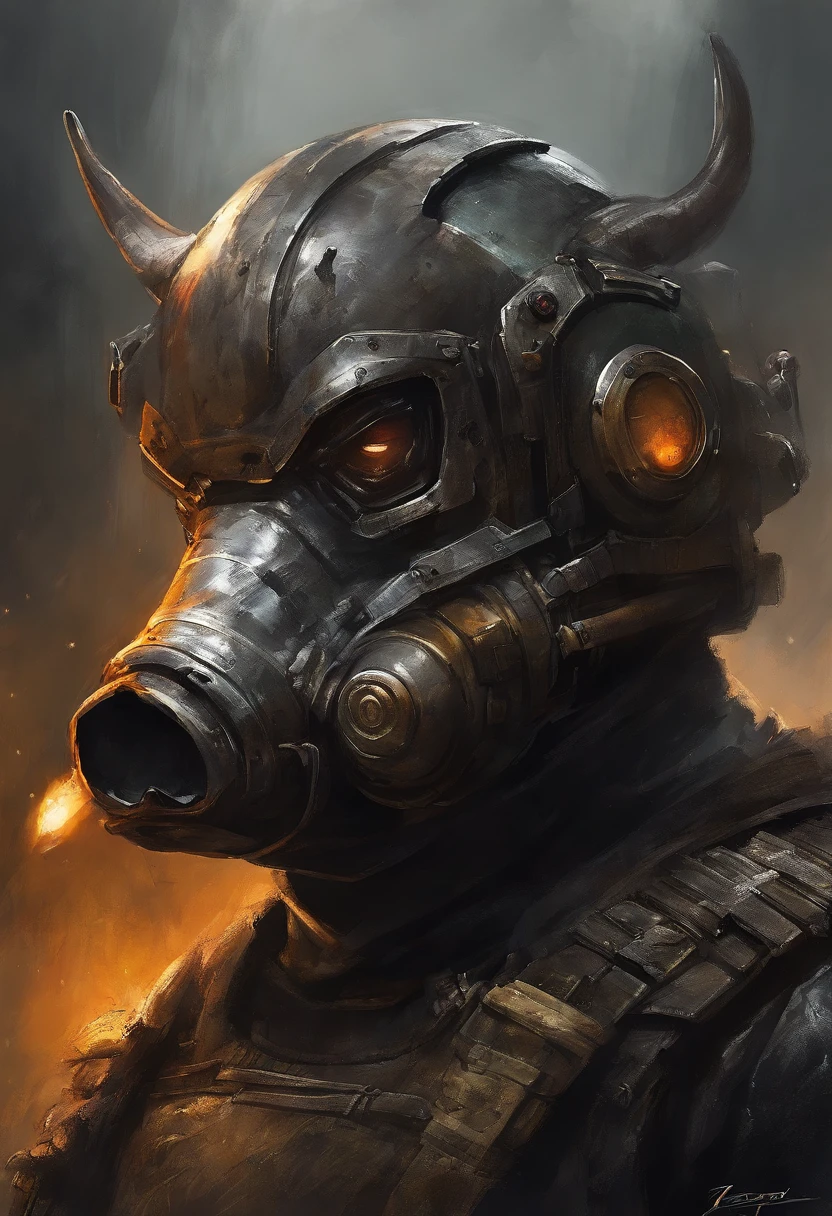 qualidade superior, dramatic lighting, menacing pose, olhar feroz, epic atmosphere, (((Pig's head shaped helmet))), (((tiro de corpo inteiro))),porco feito de metal, Ciborgues, estilo cyberpunk, mechnical, ((detalhes intrincados)), NFFSW, ((detalhes intrincados, Hiperdetalhes)), incandescent bulbs, Cinematic Shot, vinheta, bokeh efeito beckground, (tiro de corpo inteiro). Montando em um cavalo preto e segundo com rifle