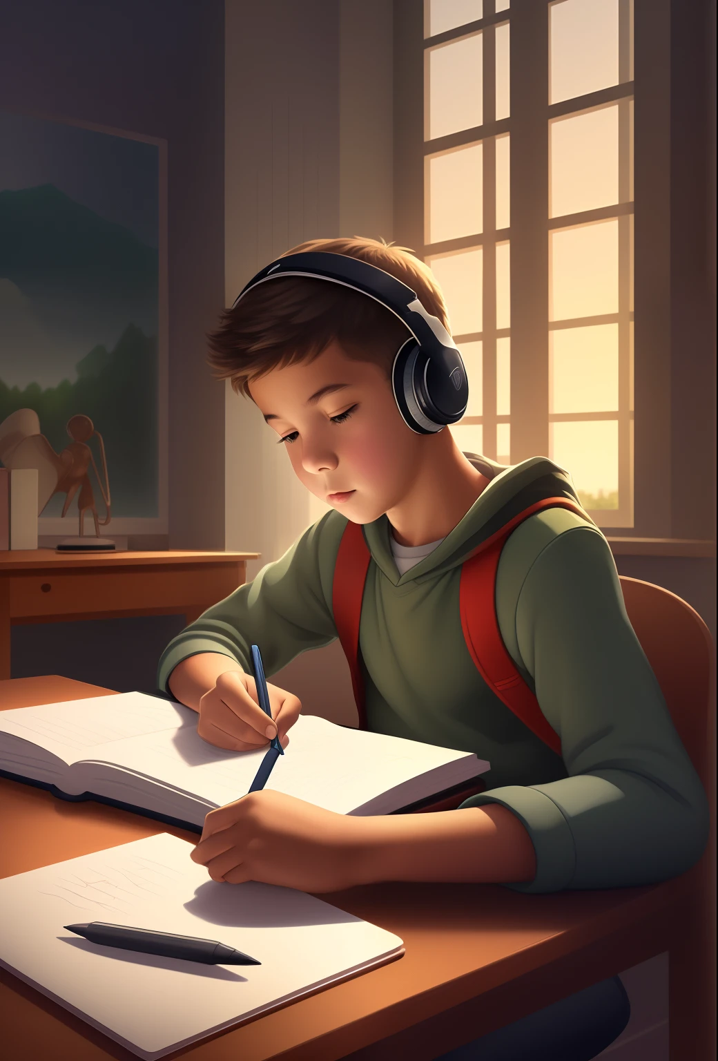 Digital illustration of a boy seated at a desk, holding a pencil and writing notes in a notebook. He is wearing headphones, and his expression reflects deep focus as he listens to music or an audiobook while taking notes. Behind him, there is a stunning window with a picturesque view, allowing soft natural light to flood into the room. The combination of the boy's studious demeanor and the serene outdoor scenery creates a captivating contrast in the scene