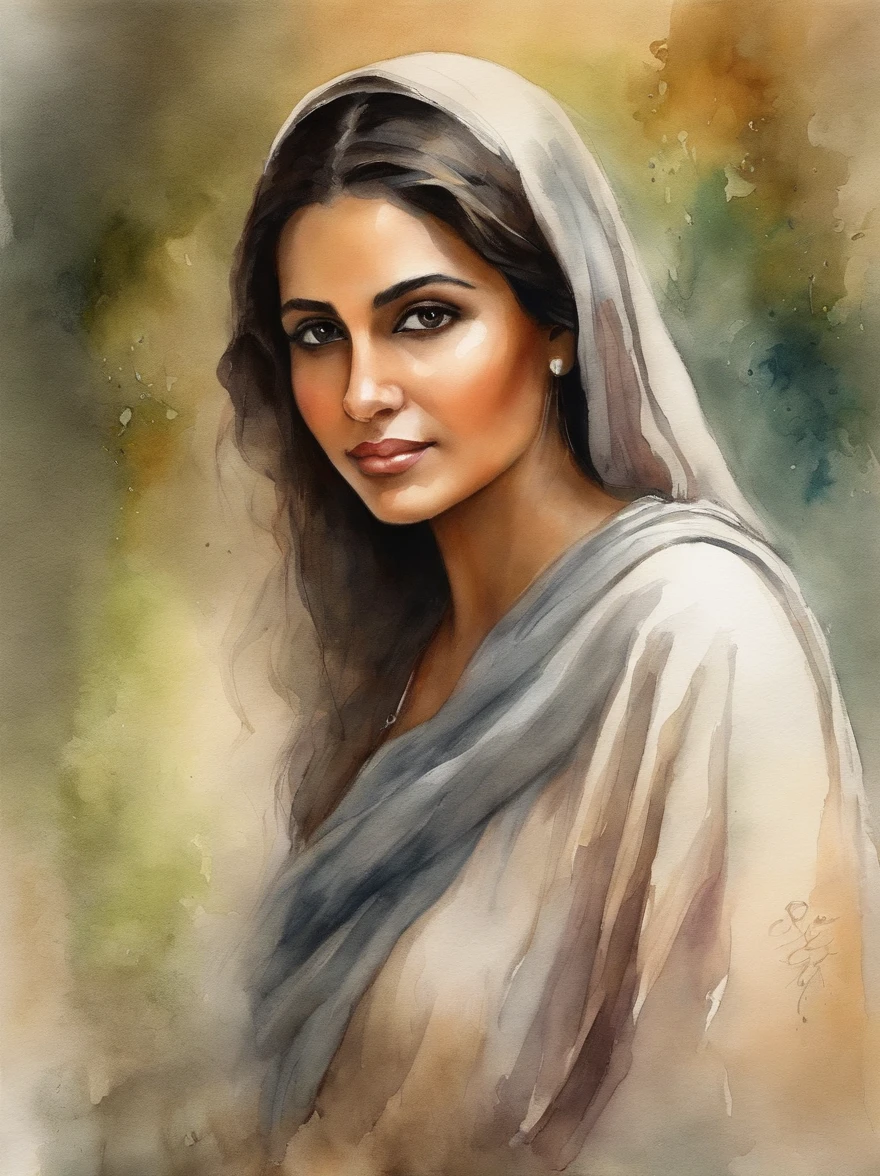 Very Beautiful Watercolor painting of a Middle Eastern girl : : Trending on Artstation: : Simple composition creates a sense of order and harmony. The painting reflects the spiritual qualities of the natural world. --up light --ar 9:16