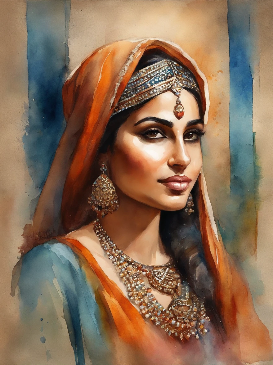 Very Beautiful Watercolor painting of a Middle Eastern girl : : Trending on Artstation: : Simple composition creates a sense of order and harmony. The painting reflects the spiritual qualities of the natural world. --up light --ar 9:16