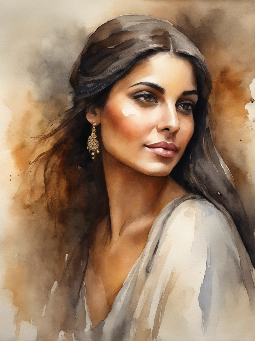 Very Beautiful Watercolor painting of a Middle Eastern girl : : Trending on Artstation: : Simple composition creates a sense of order and harmony. The painting reflects the spiritual qualities of the natural world. --up light --ar 9:16