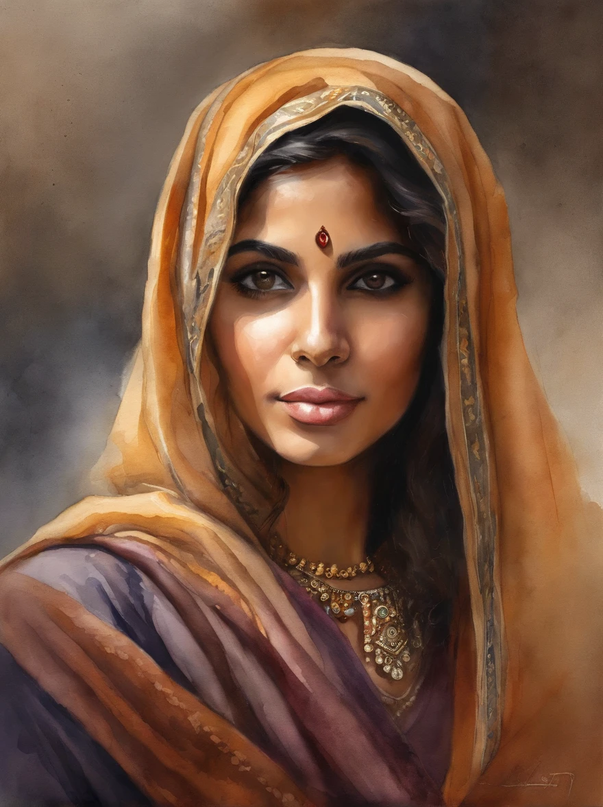 Very Beautiful Watercolor painting of a Middle Eastern girl : : Trending on Artstation: : Simple composition creates a sense of order and harmony. The painting reflects the spiritual qualities of the natural world. --up light --ar 9:16