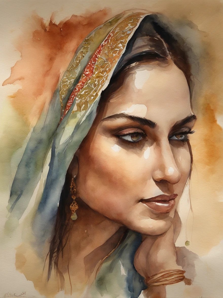 Very Beautiful Watercolor painting of a Middle Eastern girl : : Trending on Artstation: : Simple composition creates a sense of order and harmony. The painting reflects the spiritual qualities of the natural world. --up light --ar 9:16