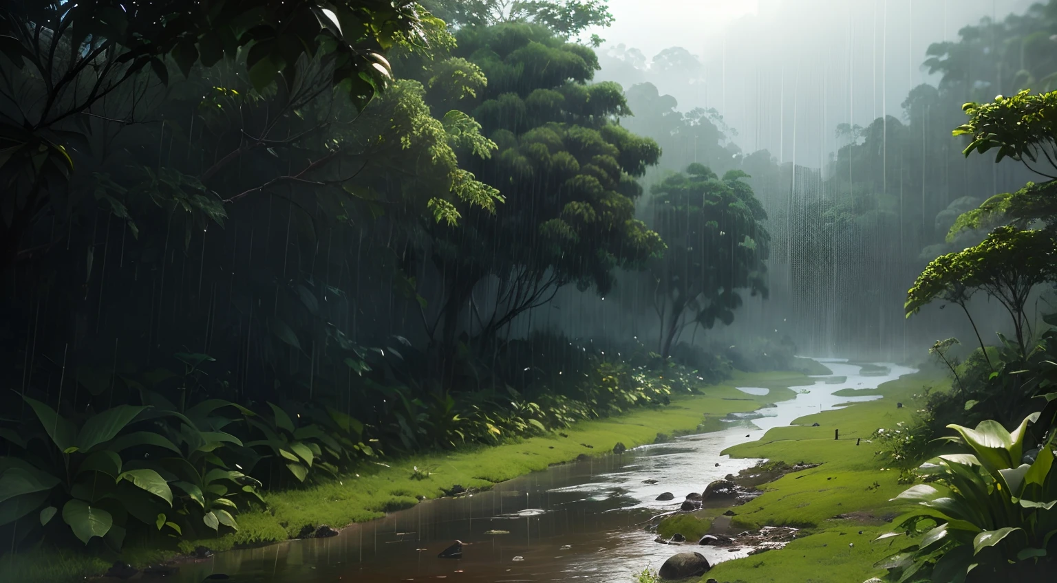 noite com tempestade, Cloudy sky and heavy rain in a rainforest, moist rain vegetation