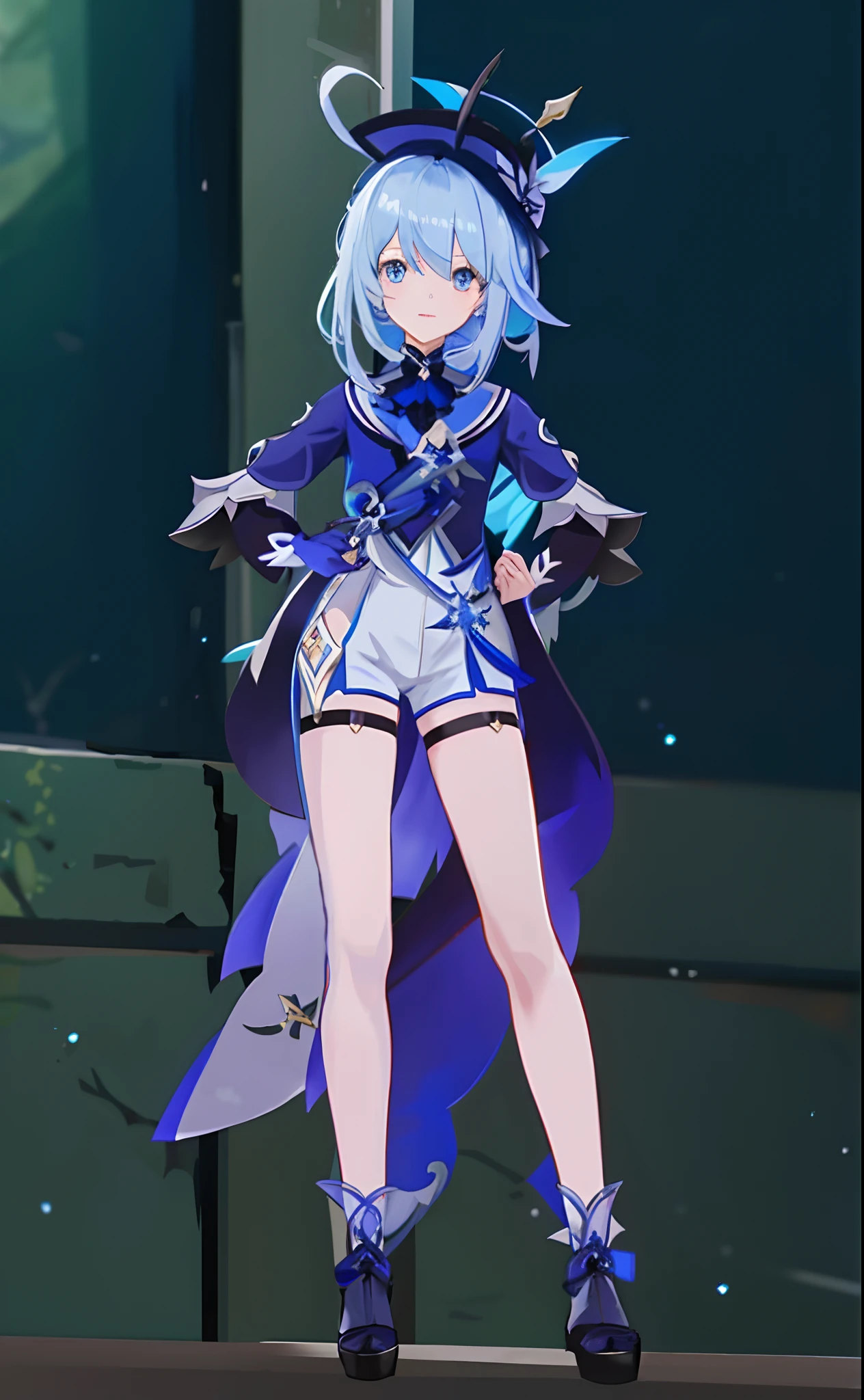 anime character dressed in blue and white outfit standing on a ledge, furina genshin impact, furina from genshin impact, furina game genshin impact, genshin impact character, full body furina, from the genshin impact videogame