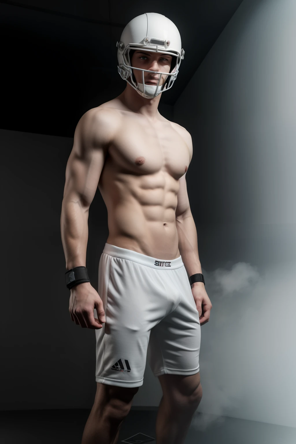  male posing, 16yoatmospheric, S.T.A.L.K.E.R style, 3d render, fog, chromatic aberration, sexy masculine square face, full body view, chainlet, tight gray white boxers, focused on face, skinny body, football helmet