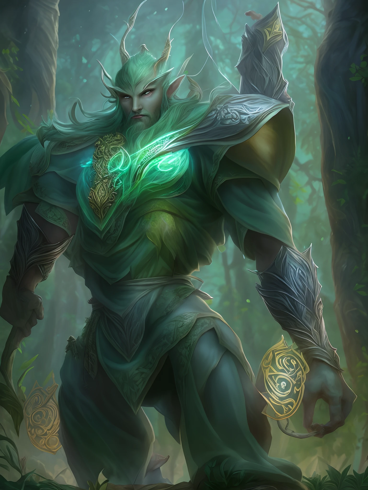 "Create a new champion for League of Legends, a magical being of the forest known as 'Lorendor, the Guardian of the Trees'. Lorendor is a creature of majestic stature, com corpo feito de madeira envelhecida e olhos brilhantes como joias verdes. He is a defender of nature and can conjure natural powers to heal allies and create obstacles on the battlefield. Draw Lorendor in his elven form, wearing a cloak adorned with leaves and holding a staff carved with magical runes. Ele deve estar em um ambiente de floresta encantada, rodeado pela fauna e flora exuberantes que ele protege com sua vida."