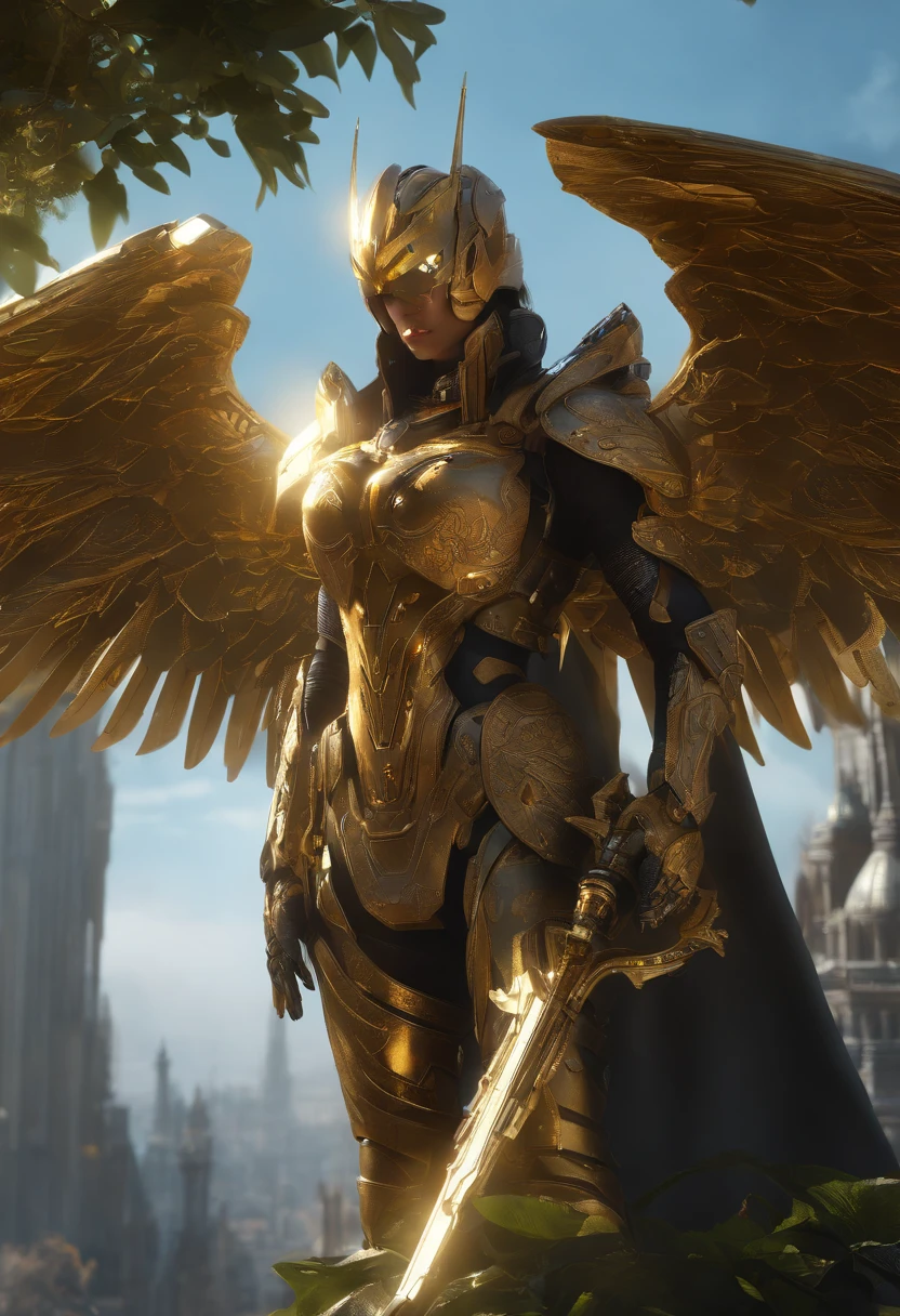 masterpiece,(bestquality),highlydetailed,ultra-detailed,1girl,(mechanicalwings:golden,glowingeyes:blue,goldenrarmor:1.2,elongatedears:0.8),(cyberpunkcity:1.5,weapon:energyblade),(fantasylandscape:1.2,natural lighting:1.5,confidentexpression),(panorama:1.2),mecha, smile,angle,Angels, wings,gold,raw,close up