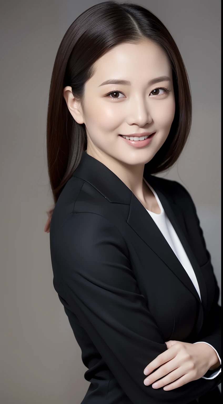 Masterpiece,Best quality, (maam. clerk:1), ((Portrait:1.3)), Cross arms, Smile,Long-legged beauty,korean people,Professional attire seduction,skin hyper-detail,Clear pores,in a panoramic view,Cocked buttocks,black lence stockings,Beautiful young woman over 40 years old, Perfect face, Fantastic look, (Detailed facial features), Clean and nice face
