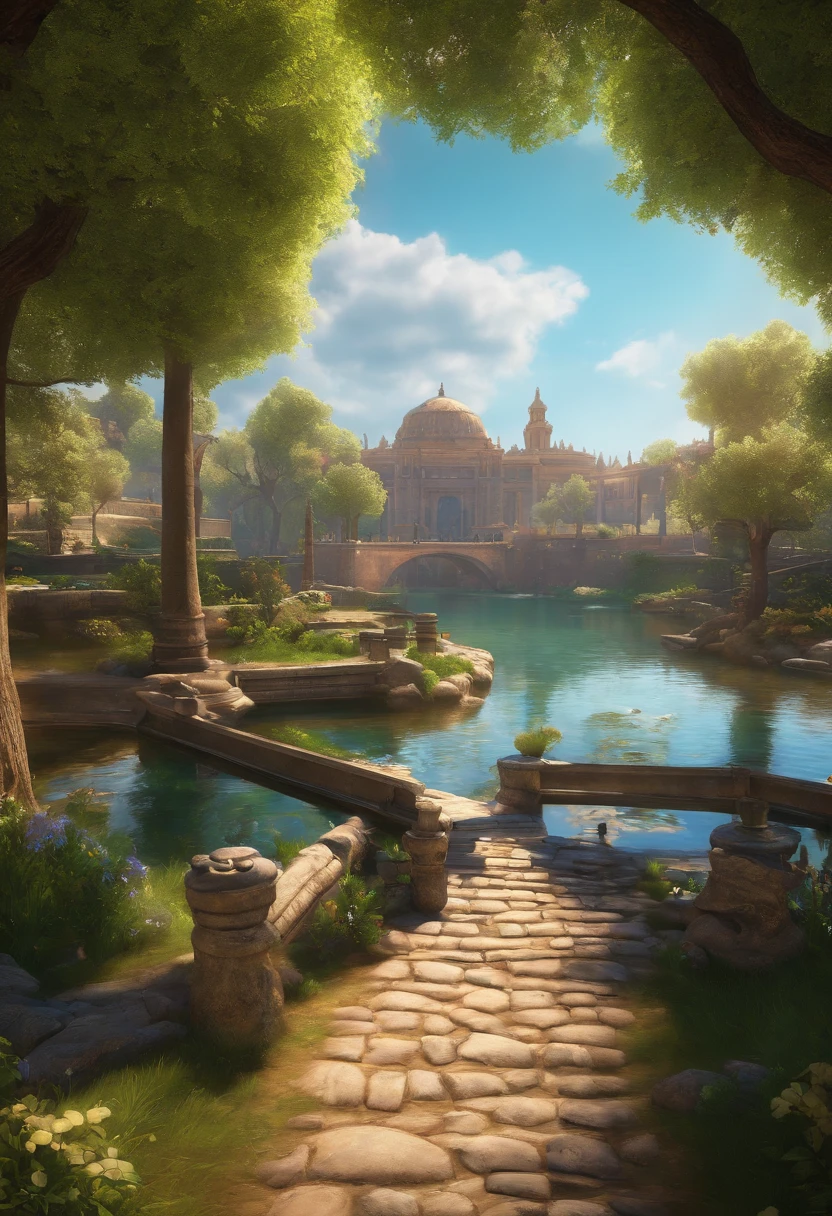 videojuego de lanzar frisbi en tercera persona, en la ezquina inferior derecha se ve un indicador de la fuerza, fondo un parque, sunny day, style videogame
