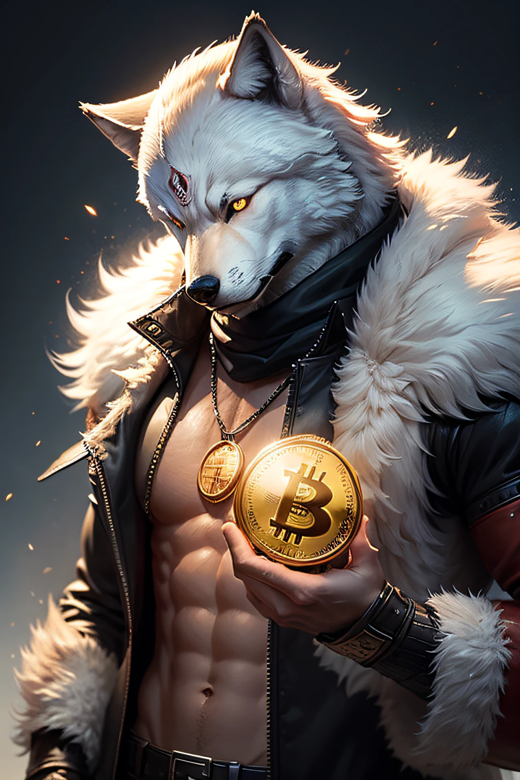 a man half wolf holding a bitcoin