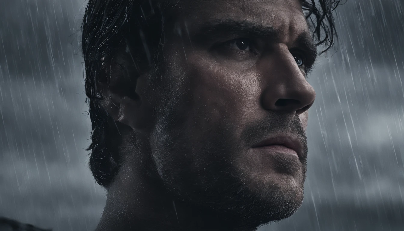 Man, bearded, front, front, portrait, long camera, Actors Henry Cavill, sweaty, black shirt, tired face, muscular, indignant, wet, formation, long camera, sharp focus, A prize shot of a long-suffering fighter, portrait , water drops, tired expression, 30s, storm outside, Atmospheric Lighting, lines on the face, Wrinkles, extremely specific skin, sadness, dark skin, hopelessness, beautiful cloudy eyes, Deep shadows, high contrast, Absurd, 8k, high quality, artstation hd |, concept art, Detailed face and body, award-winning photography, moody lighting, depth of field, Bokeh, 4k, HDR, mean face, Gone, mud, dirty, black overcoat, suit jacket, black, black shirt, rain
