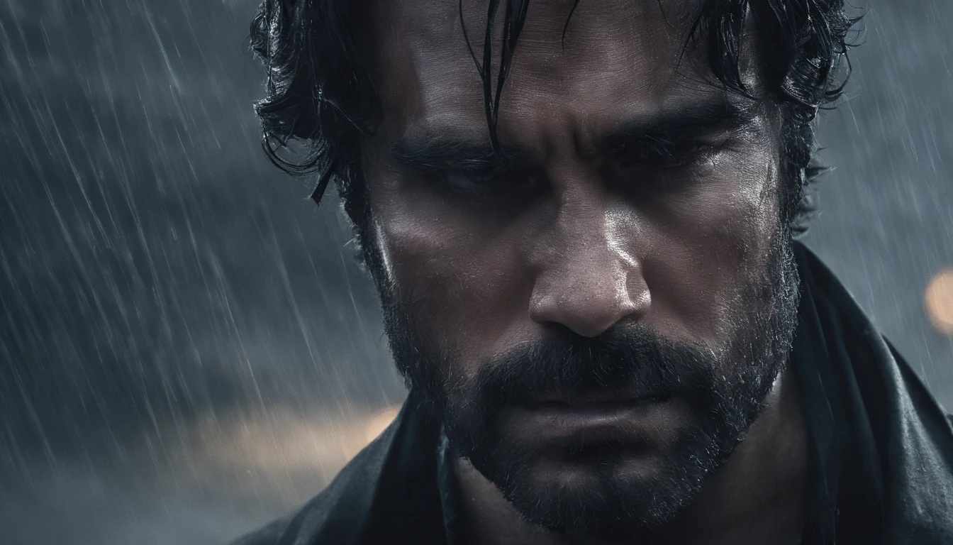 Man, bearded, front, front, portrait, long camera, Actors Henry Cavill, sweaty, black shirt, tired face, muscular, indignant, wet, formation, long camera, sharp focus, A prize shot of a long-suffering fighter, portrait , water drops, tired expression, 30s, storm outside, Atmospheric Lighting, lines on the face, Wrinkles, extremely specific skin, sadness, dark skin, hopelessness, beautiful cloudy eyes, Deep shadows, high contrast, Absurd, 8k, high quality, artstation hd |, concept art, Detailed face and body, award-winning photography, moody lighting, depth of field, Bokeh, 4k, HDR, mean face, Gone, mud, dirty, black overcoat, suit jacket, black, black shirt, rain