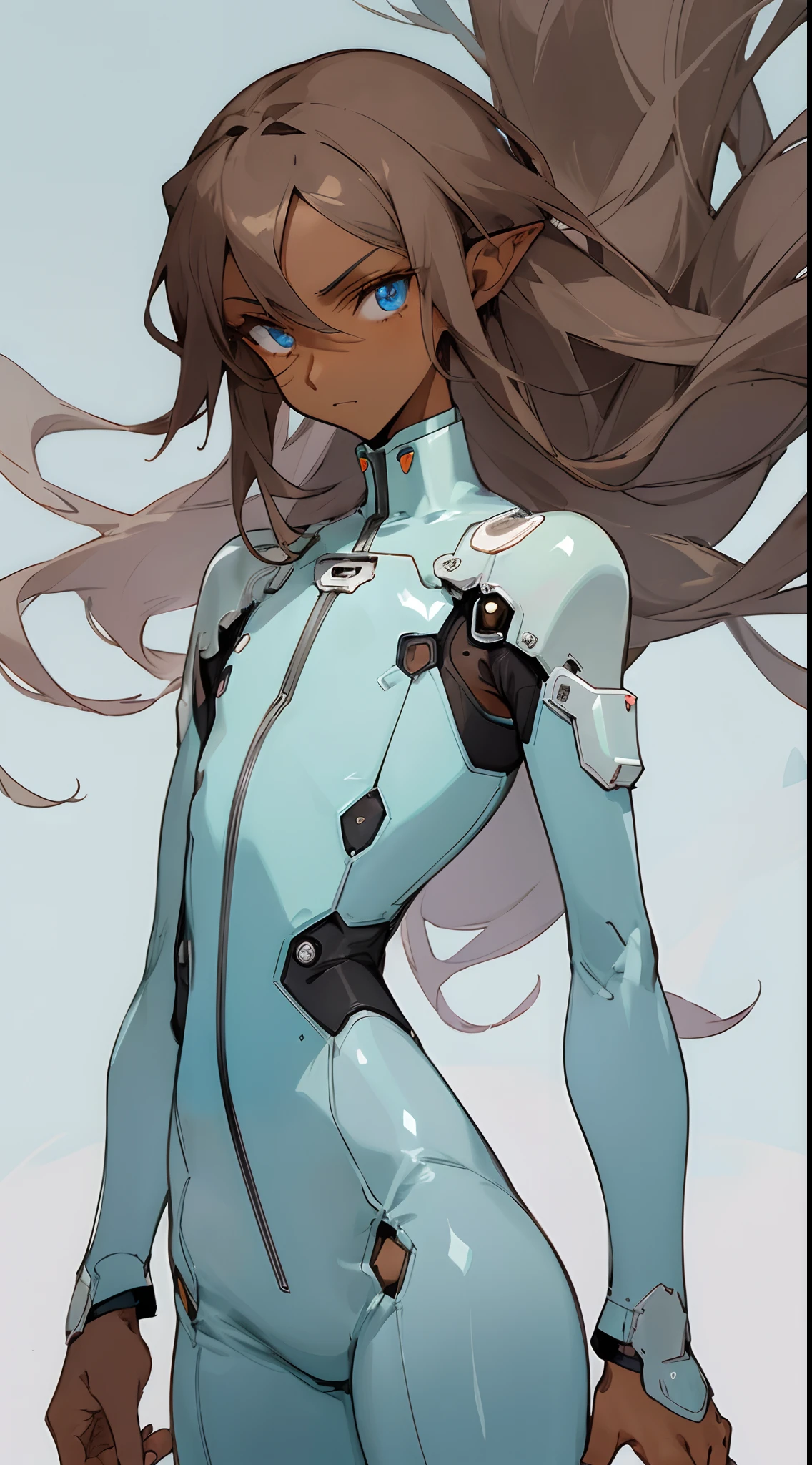 (masterpiece, best quality) detailed, 1Character , blue archive art style ,  pastel washed out colors , cell shade , soft, muted shades ,gentle colors ,

Wearing a mix of futuristic body suit and sword art online outfit. 
((Beautiful man:1)) , ((Dark skin:1.5)) , (( long hair)) , ((brown hair)) , ((male:1.4)) , full lips , light blue eyes ,((has pointed ears:1)) ,big hair , voluminous hair , ((Skinny build)) ,effeminate , full long eyelashes , Bishounen, possess delicate and androgynous features