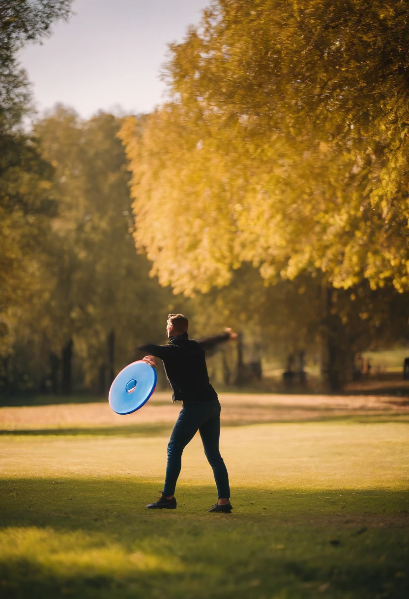 mano de un personaje tercera persona con un frisbee, en la ezquina inferior derecha se ve un indicador de la fuerza, fondo un parque, sunny day