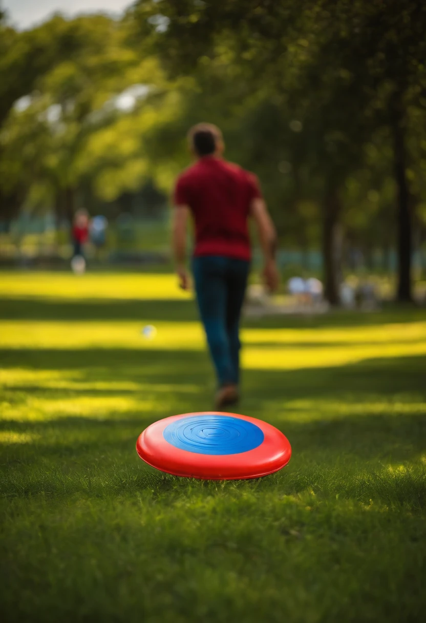 mano de un personaje tercera persona con un frisbee, en la ezquina inferior derecha se ve un indicador de la fuerza, fondo un parque, sunny day