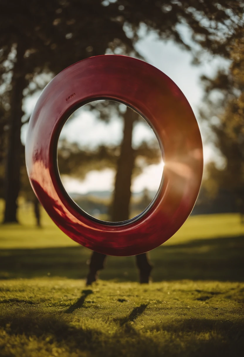 mano de un personaje tercera persona con un frisbee, en la ezquina inferior derecha se ve un indicador de la fuerza, fondo un parque, sunny day
