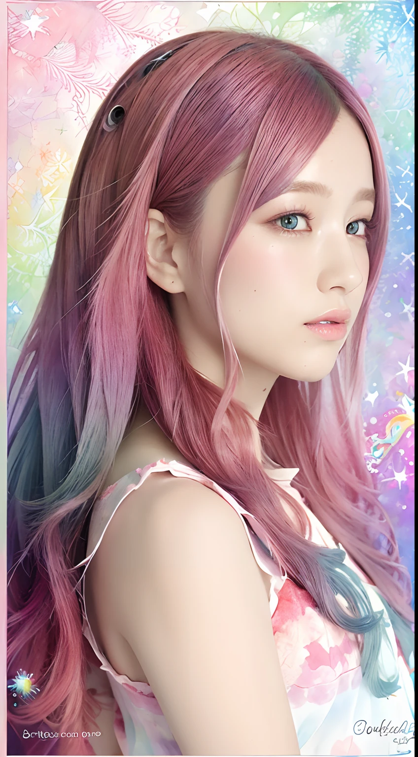 (masterpiece, top quality, best quality,watercolor (medium),official art, beautiful and aesthetic:1.2),(1girl:1.3), (fractal art:1.3),upper body, from side, looking at viewer,patterns,(rainbow color Hair,colorful hair,half blue and half pink hair:1.2),water,liquid, cloud,colorful, starry,stars,