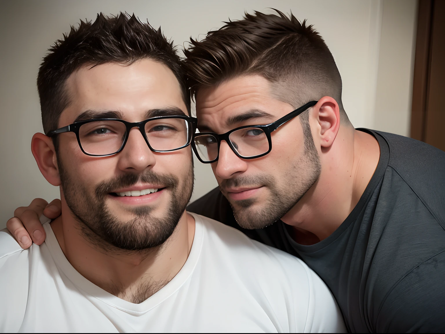 Two attractive young shirtless men, kiss, hyperrealistc, mustache, facial hair,  homoerotic, hairy chest, chest hair, hairy legs, gay