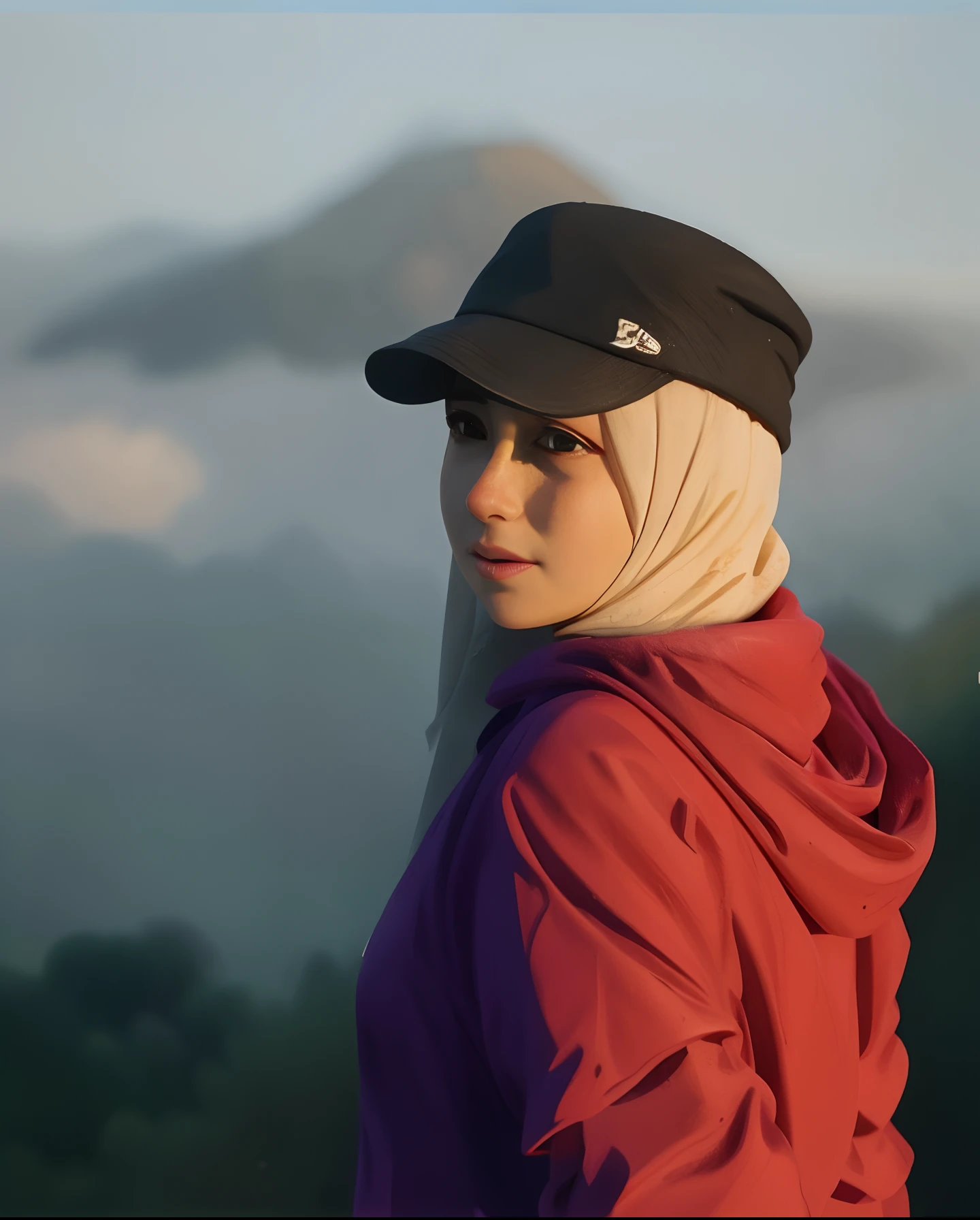 1 Beautiful girl, happy, mountain peak, beautiful forest, beautiful nature, nice details, Bright Sunny Day, wearing a black hat, white hijab, wearing a headscarf, hair covered with a hijab/veil, back turned, face facing the audience, beautiful eyes, sharp nose, wearing rainproof jacket, red jacket, (Masterpiece: 1.2) (Realistic: 1.2) (Bokeh) (Best Quality) (Skin Detail: 1.3) (Intricate Detail) (8K) (Eye Detail) (sharp focus), (Happy)