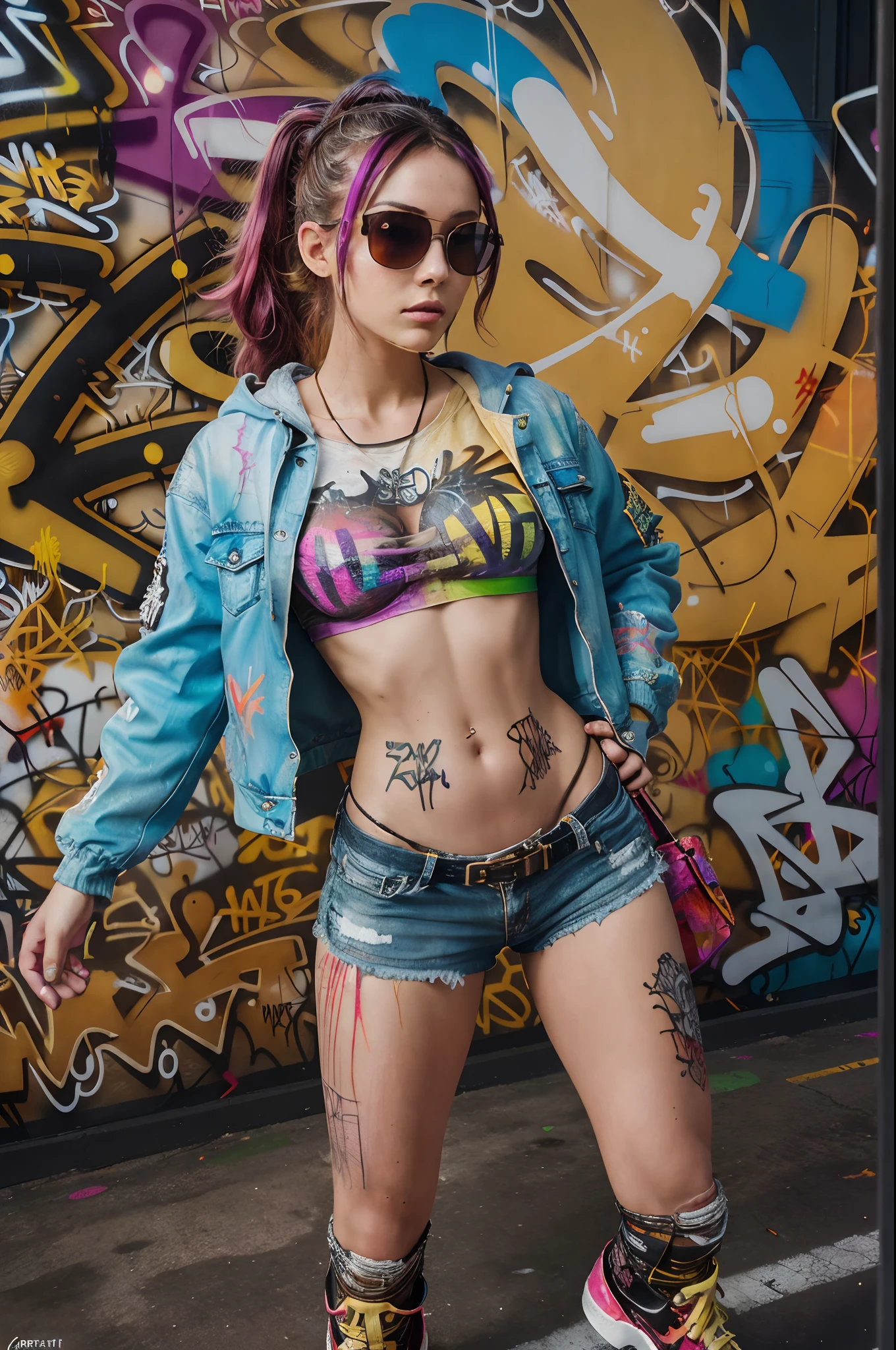 An european 1girl, sexypose, (colorful:1.4), sunglasses, side ponytail, tattoos, body paint, (graffiti mural wall background), (graffiti), fitness body, best quality, masterpiece, (side to the viewer:1.8)