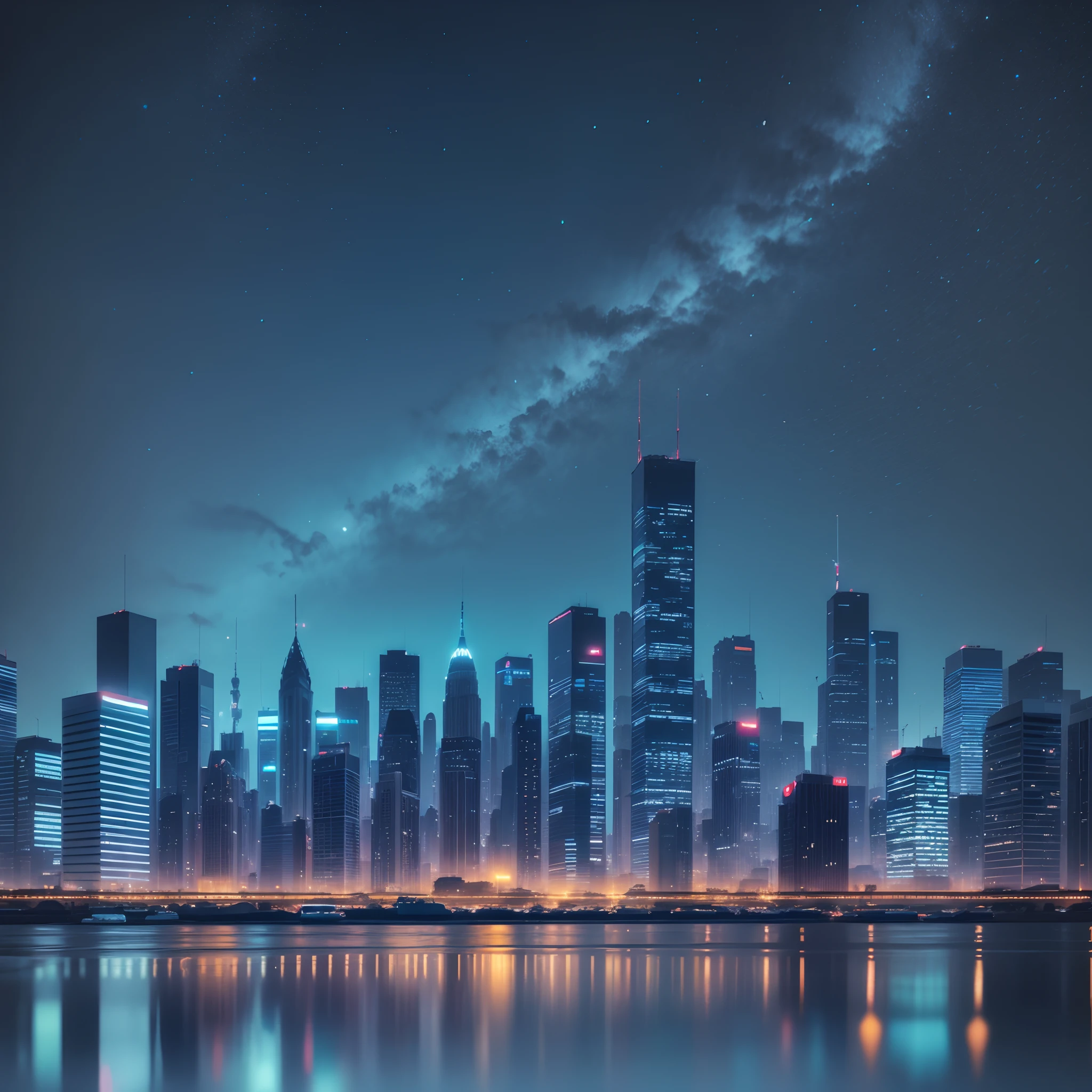 Image in 16:8 format of a city background at night with a predominant blue color; lofi vibes --auto --s2