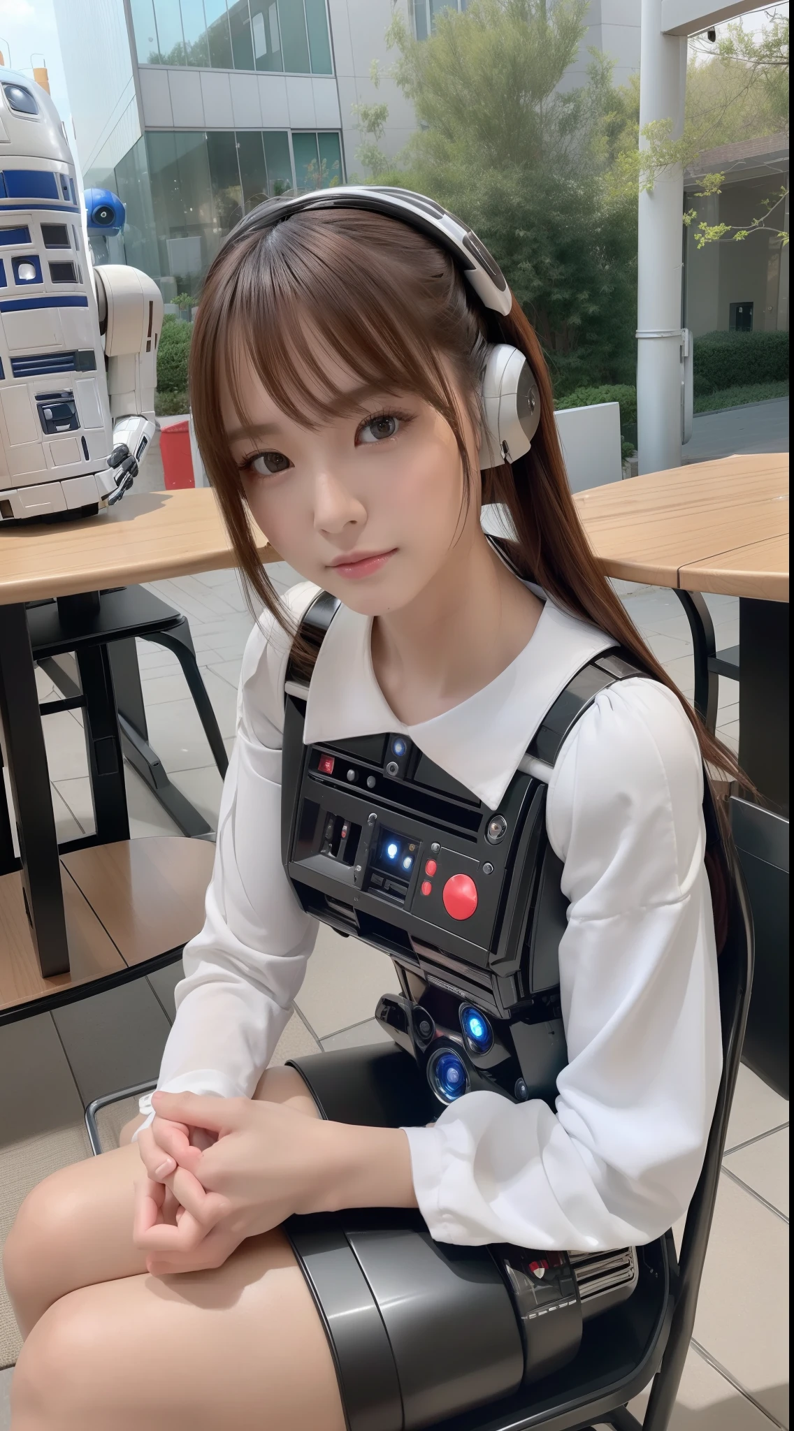 (top-quality、超A high resolution、8K、masterpiece、realisitic、Photorealsitic)、(Humanoid Droid:1.4)、1 persons、Droid with beautiful female face、Sexy Droid、upper Shot、(Reading:1.3、Sitting on a chair)、looking in camera、(cafes:1.2)、Daytime、Natural lighting