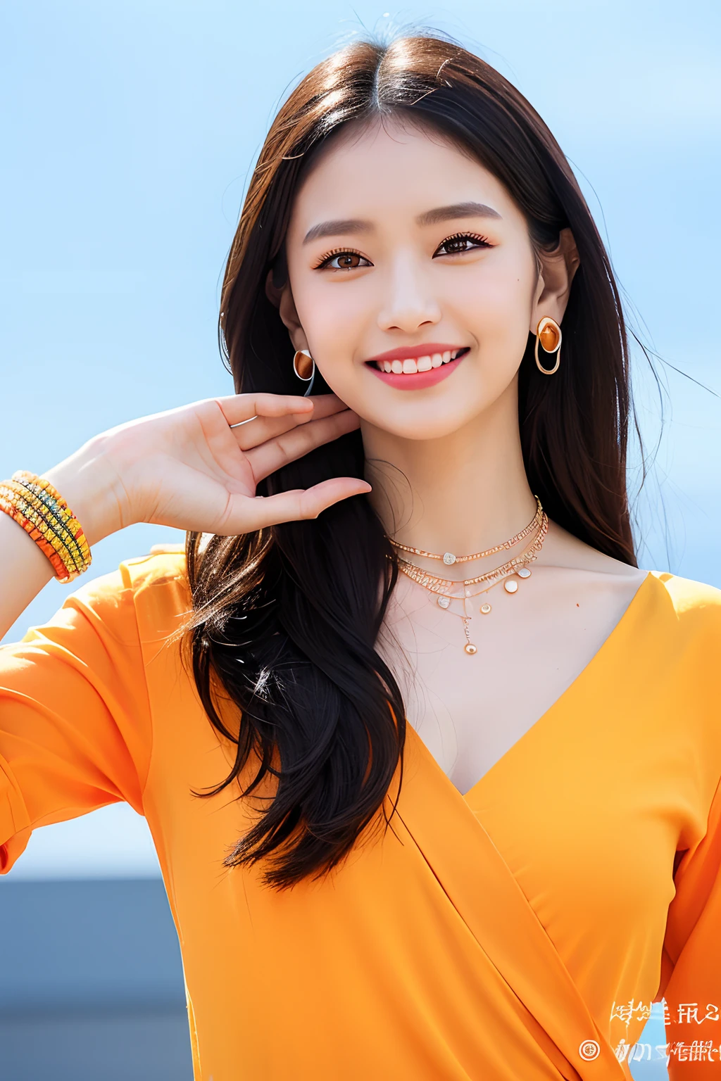 (extra detailed body、extra detailed face、best qualtiy:1.2)、femele、looking at the viewers、(a smile、Fashion show wacky clothes with strong contrast of yellow and orange and red、asymmetry、Fancy piercings、a necklace、A bracelet)、(sky in a background)