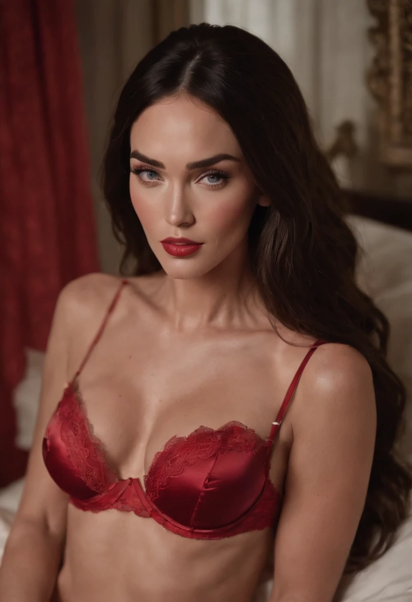 Megan fox desnuda en la cama de lujo, with red lingerie and makeup.
