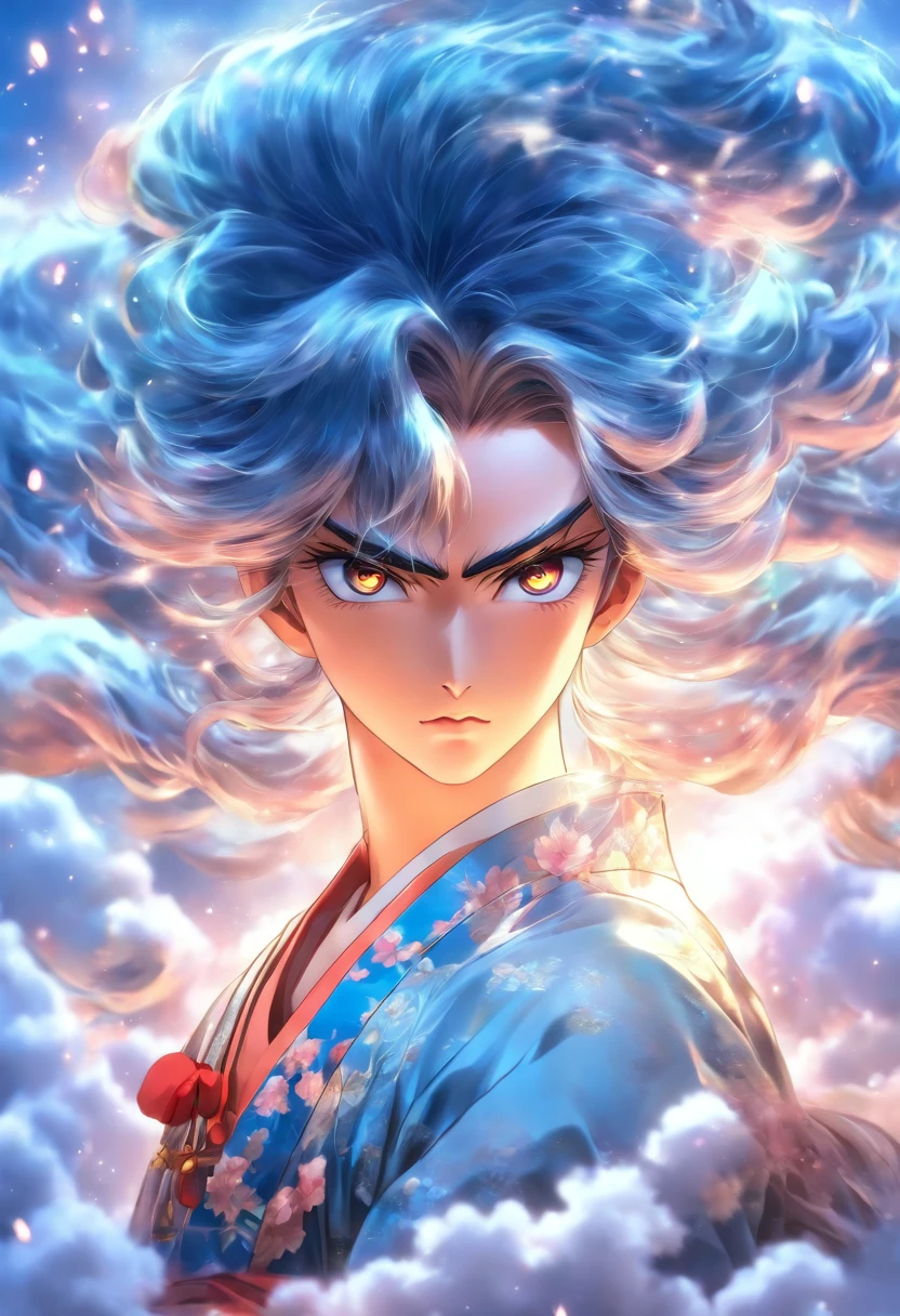 (((transparent hair))) best quality, ultra-high resolution, 4K detailed CG, master piece, Tsukuyomi, man, white and blue clothes, clouds, moon in the background, Japanese mythology, Japan, Shui Mo Hua, Painting style Chinese, Thangka Style, aesthetics, Beautiful image, depth of field, centered on the screen