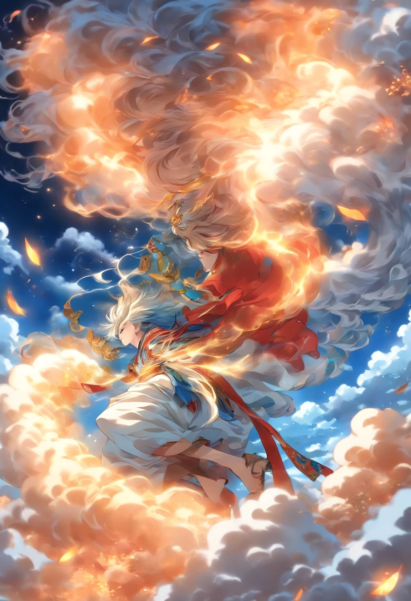 (((transparent hair))) best quality, ultra-high resolution, 4K detailed CG, master piece, Tsukuyomi, man, white and blue clothes, clouds, moon in the background, Japanese mythology, Japan, Shui Mo Hua, Painting style Chinese, Thangka Style, aesthetics, Beautiful image, depth of field, centered on the screen